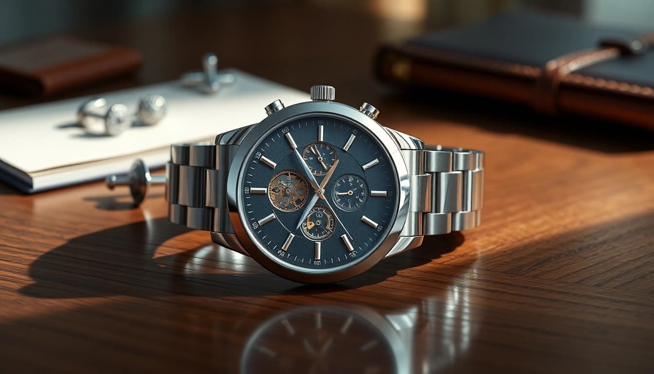 Exquisite replica watch displayed elegantly on a polished surface, showcasing intricate design elements.