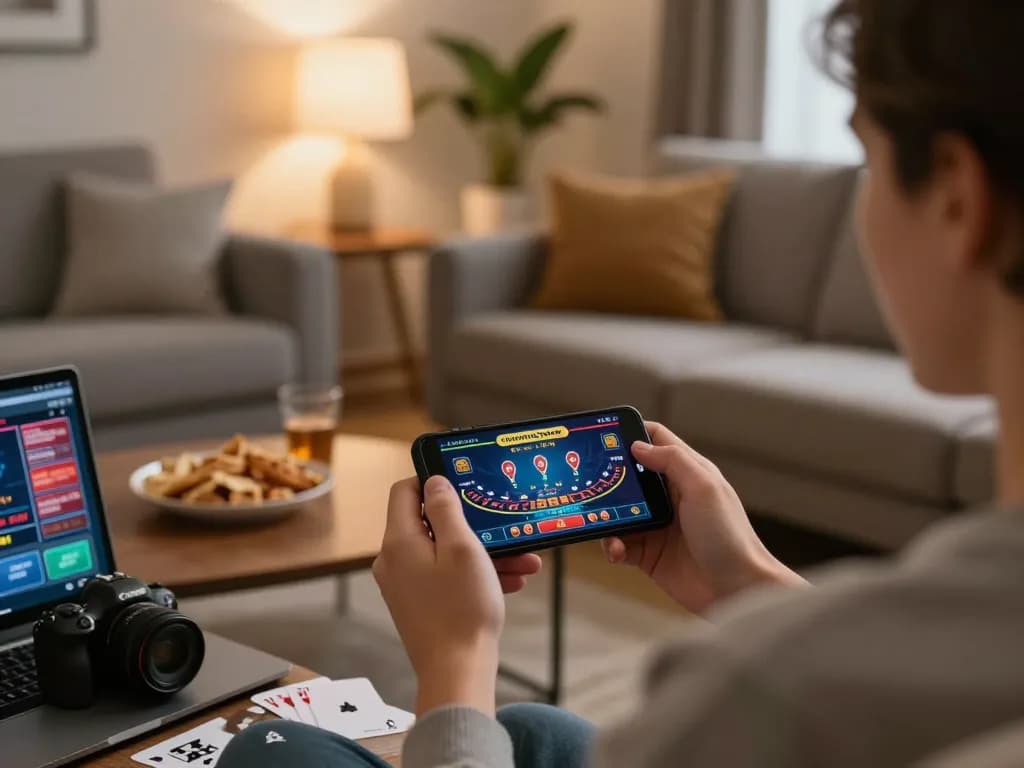 Engaging with online casinos in Canada reddit through a smartphone while enjoying a cozy home setup.