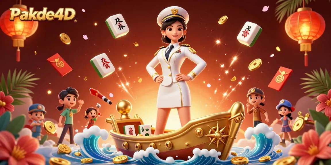 Pakde4D showcases an elegant woman in gold naval attire, surrounded by dynamic gambling elements.
