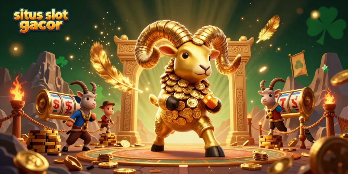 Raih kemenangan di situs slot gacor dengan ilustrasi 3D ram emas dan simbol slot yang menakjubkan.