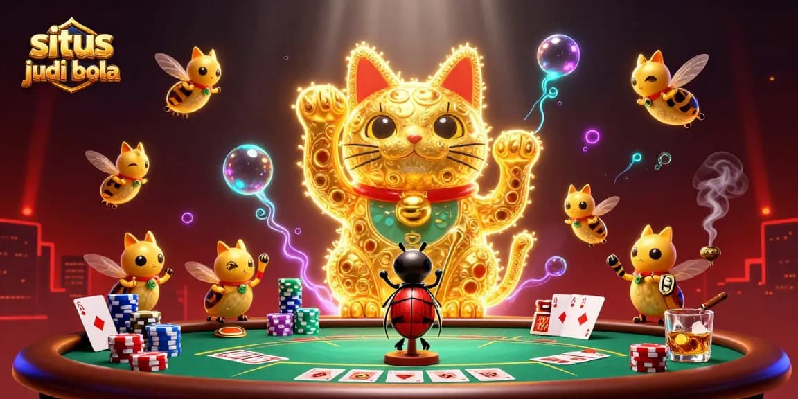 Experience the thrill of situs judi bola with vibrant casino symbols and characters in an exciting illustration.