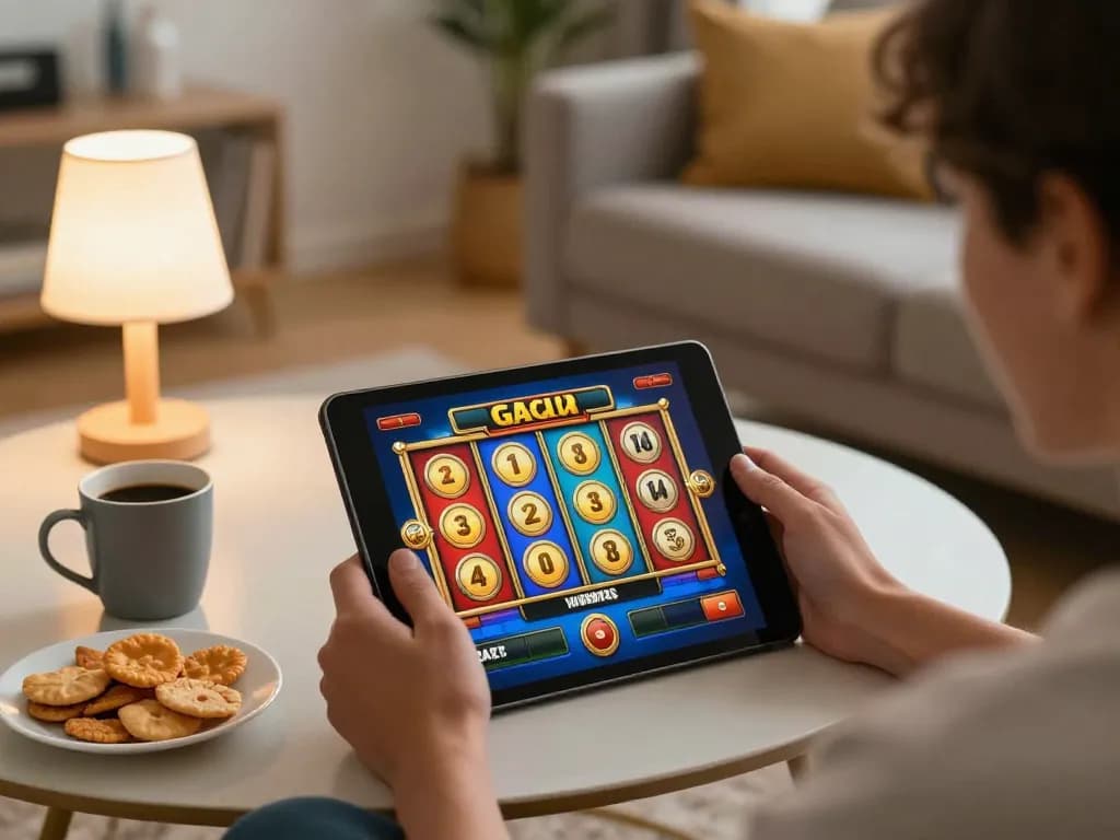 Engaging with situs gacor slot games at home, showcasing an exciting online gambling experience.