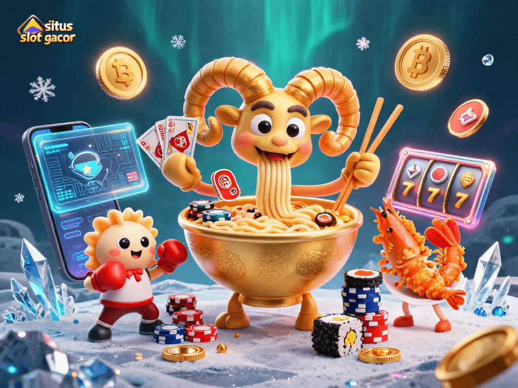Engage with situs slot gacor through a vibrant 3D depiction of a fun casino scene featuring animated food characters.