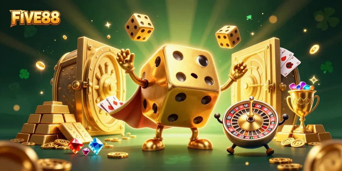 Engage with FIVE88's dynamic casino experience illustrated by golden dice golem and treasures.