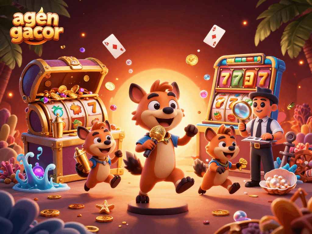 Experience fun at agen gacor with lively hyena characters running a vibrant casino scene.