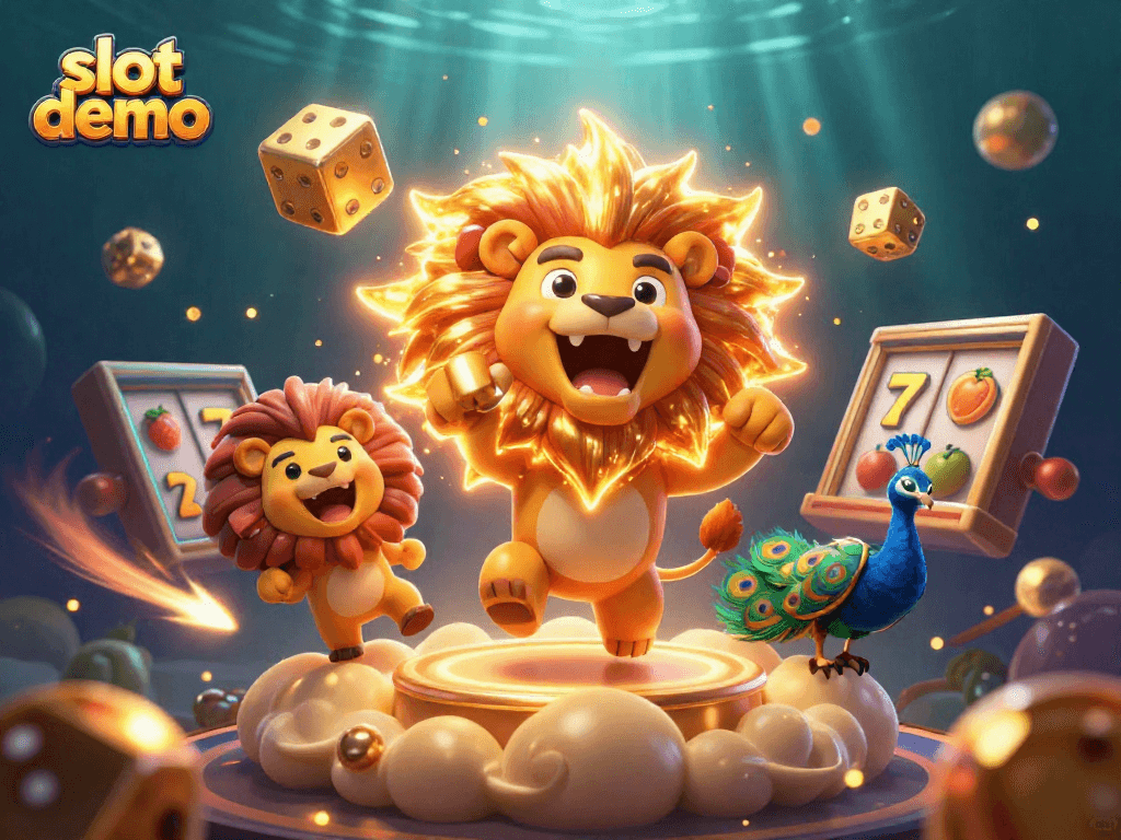 Mengalami slot demo dengan simbol buah dan jackpot mengelilingi singa dengan surya 3D, menggambarkan taruhan menegangkan