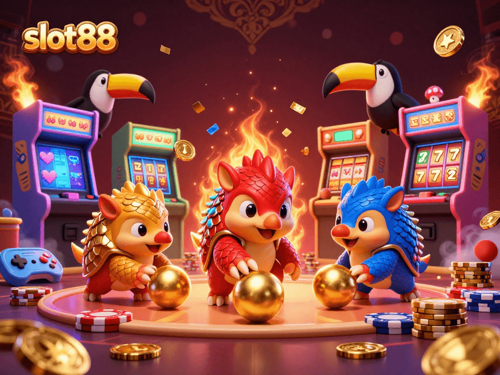 Experience thrilling action with slot88 as rival pangolins roll through stacks of poker chips in a vibrant casino scene.