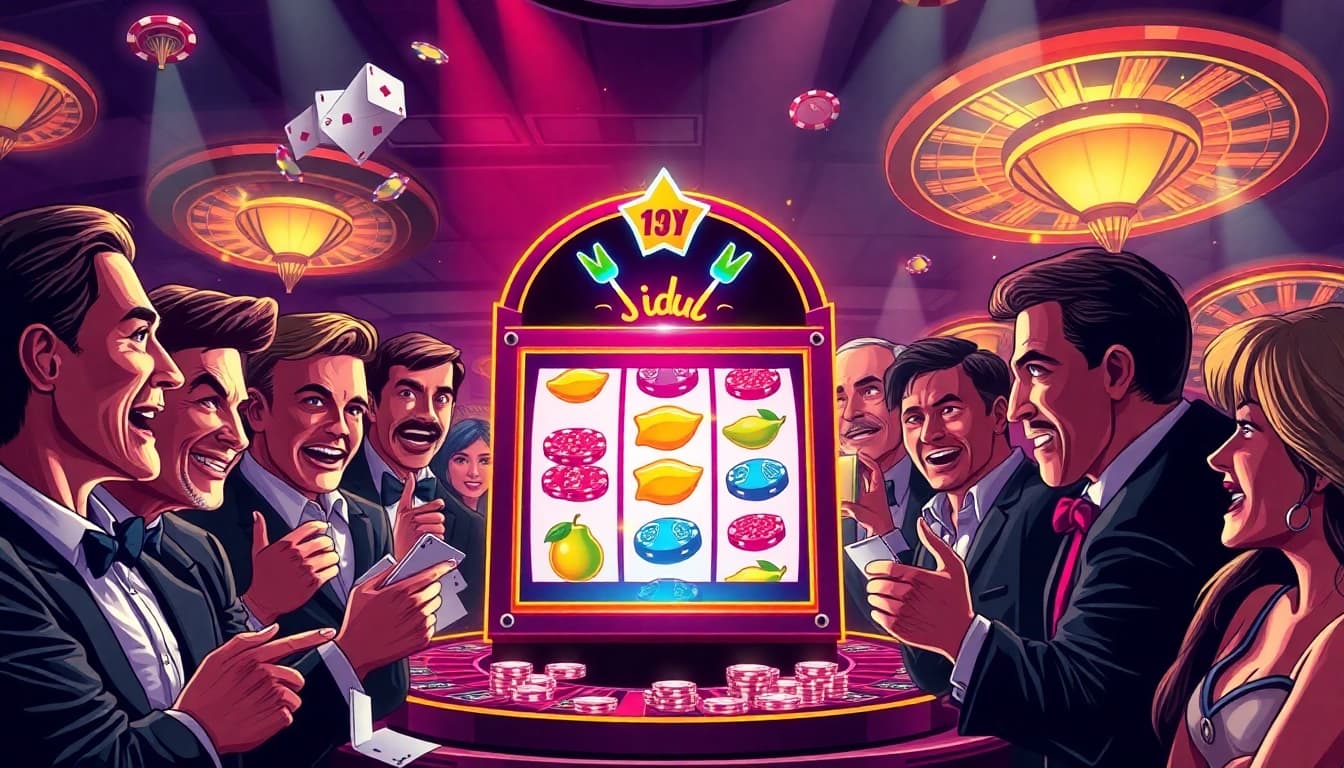Excited players enjoying the idn slot machine in a luxurious casino setting.