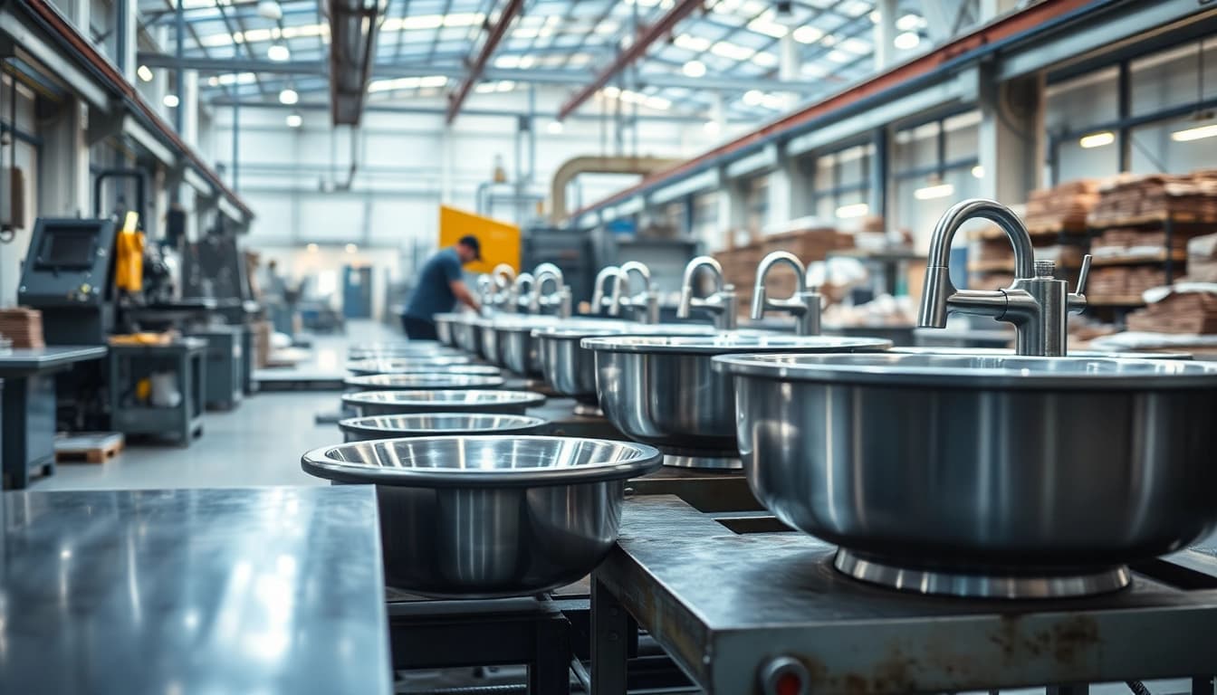 Manufacturing scene at a stainless steel basin factory emphasizing craftsmanship and machinery.