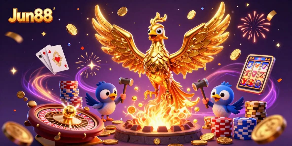 Experience thrilling entertainment with Jun88's golden phoenix and casino games in this vibrant illustration.