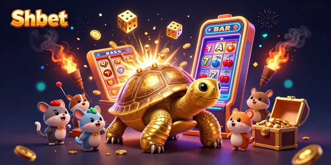Experience big wins at Shbet with a glorious golden tortoise pinball and jackpot explosion, surrounded by colorful casino elements.