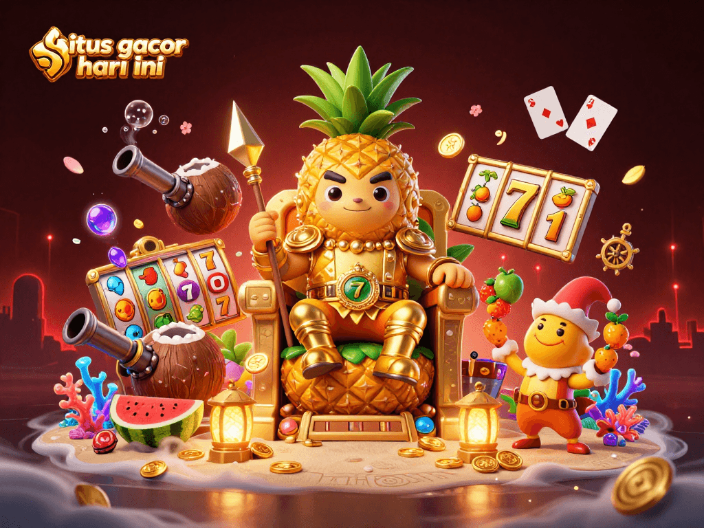 Menyaksikan situs gacor hari ini dengan raja slot sedang duduk di tahta buah dikelilingi oleh elemen menghibur dan berlimpah.