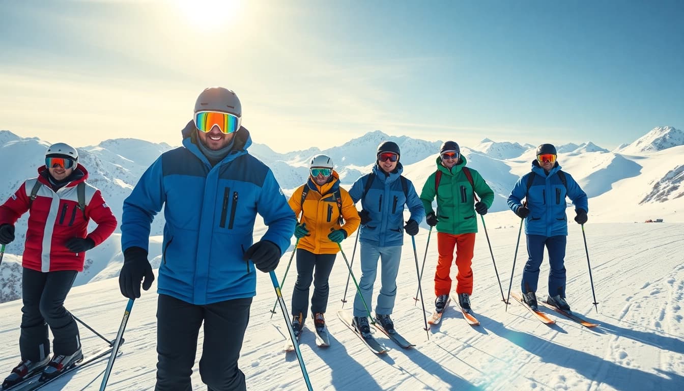 Engaging scene of men skiing in vibrant mens ski apparel on a snow-covered mountain.