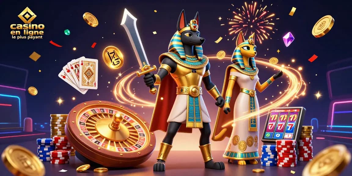 Casino en ligne le plus payant : illustration dynamique avec des personnages égyptiens, roulette et jetons volants.