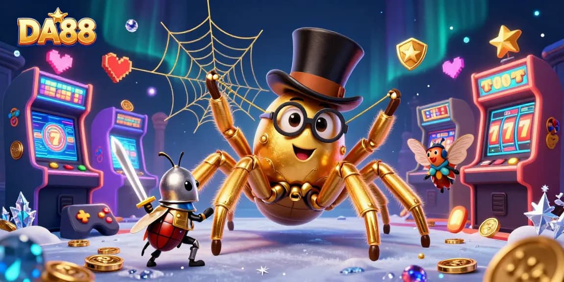 Engage with DA88's casino world, featuring a golden tarantula and beetle knight amidst vibrant slot machines.