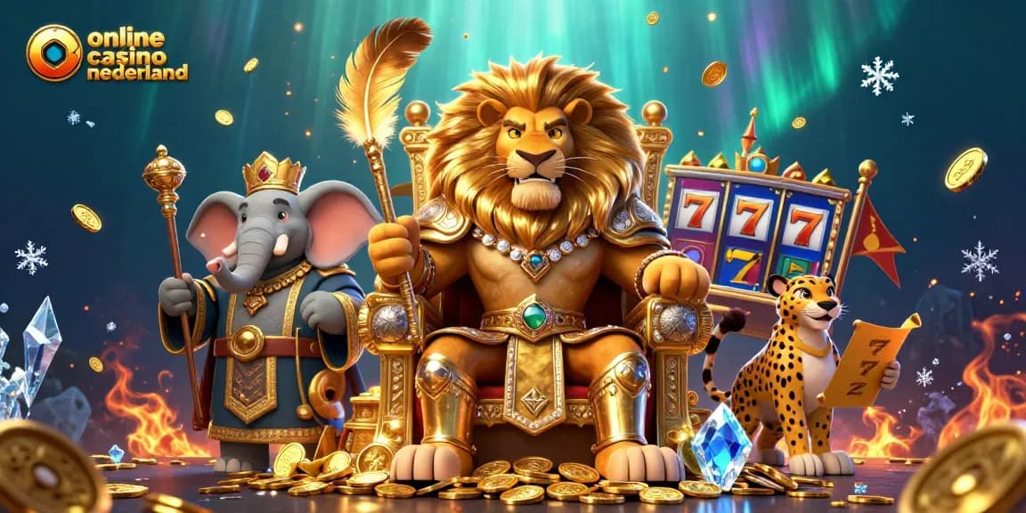 Experience the excitement of online casino nederland with a vibrant 3D illustration of a lion king and characters.