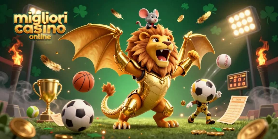 Vivi azioni emozionanti ai migliori casinò online con una vivace scena di casinò 3D che mostra una chimera trionfante.