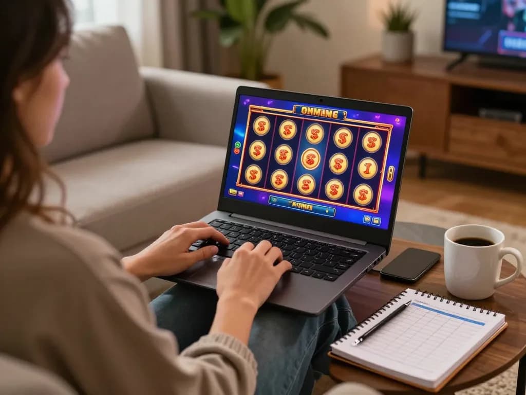 Player engaging in online gaming at trang chủ NK88 with vibrant slot game interface on laptop.