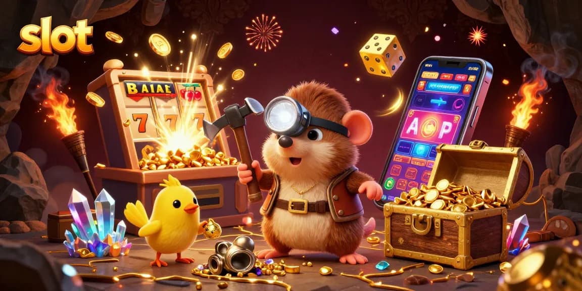 Spin and win with exciting slot graphics and vibrant treasures in this animated scene.