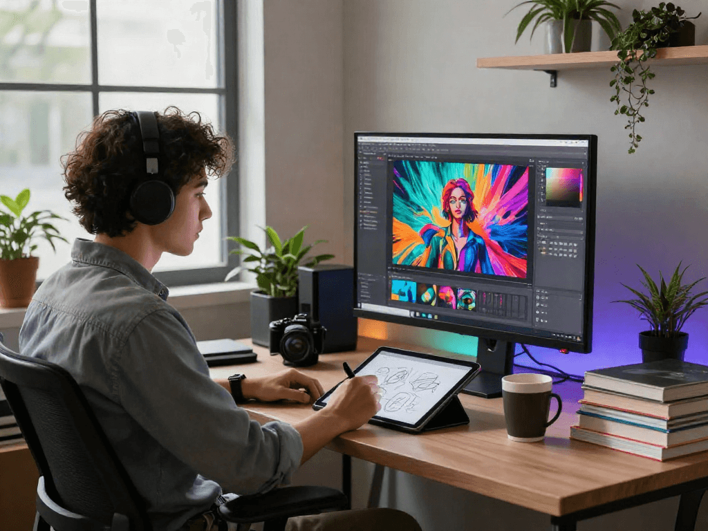 Creative workspace with nsfw ai art on screen, graphic designer engaged in digital illustration.