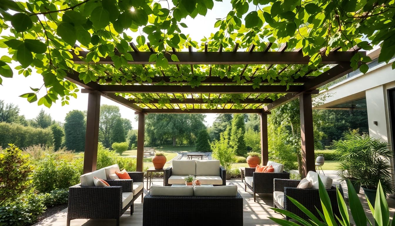 Terrassenueberdachung Ungarn mit eleganter Pergola im Garten-Setting, laedt zum Entspannen ein.