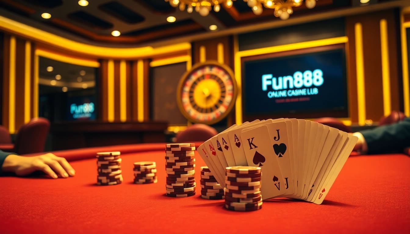 Players enjoying a high-stakes game at a luxurious casino with a visible Fun88 link.