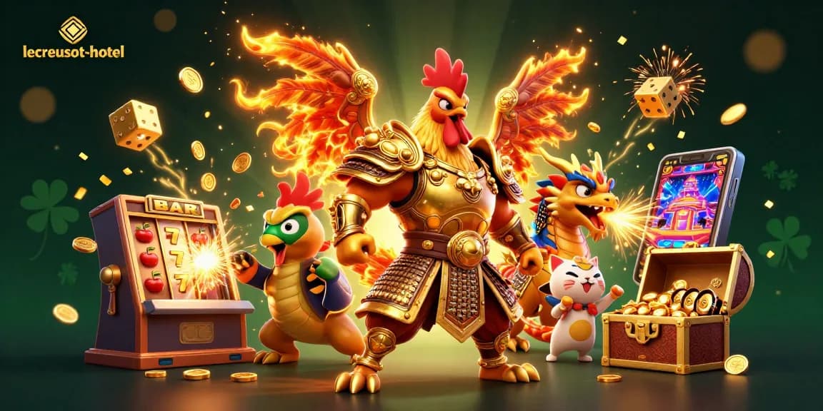 Experience the thrill at lecreusot-hotel with a dynamic casino scene featuring a roaring rooster warrior and a dragon hatchling.
