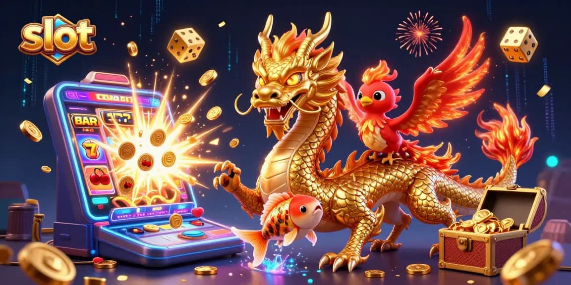 Experience thrilling slot action with the majestic dragon and phoenix in a vibrant casino scene.