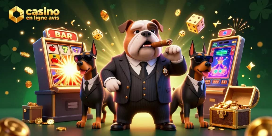 Illustration captivante de personnages de casino, représentant des bulldogs et des Dobermans, pour avis sur les casinos en ligne.