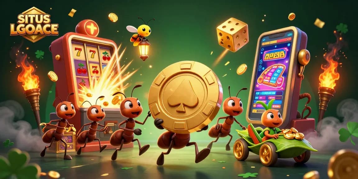 Experience excitement with SITUS LGOACE as ants attempt a heist while surrounded by casino symbols and big wins.