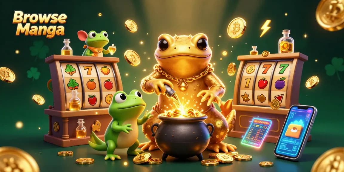 Browse Manga features an enchanting 3D scene with a golden salamander alchemist surrounded by gambling symbols.