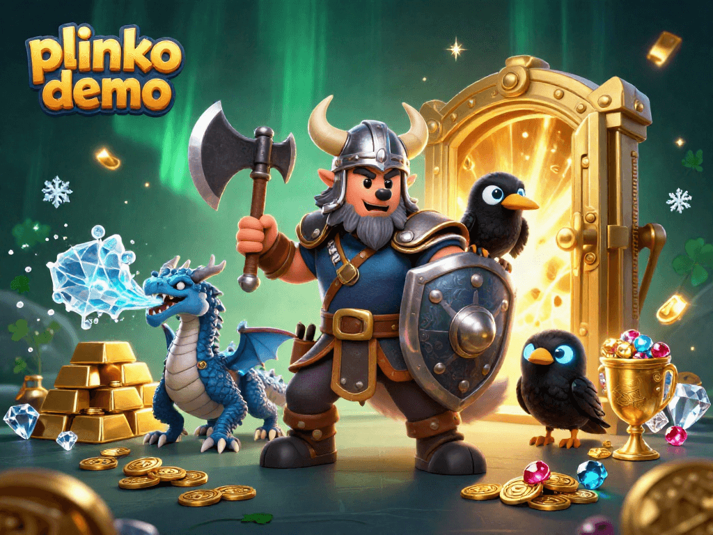 Experience the thrill of the plinko demo with an epic Viking wolf warrior and dragon in a treasure-filled scene.