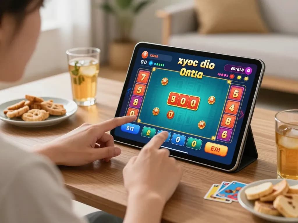 Engaging in xóc đĩa online gameplay on a tablet, surrounded by snacks and drinks in a cozy setting