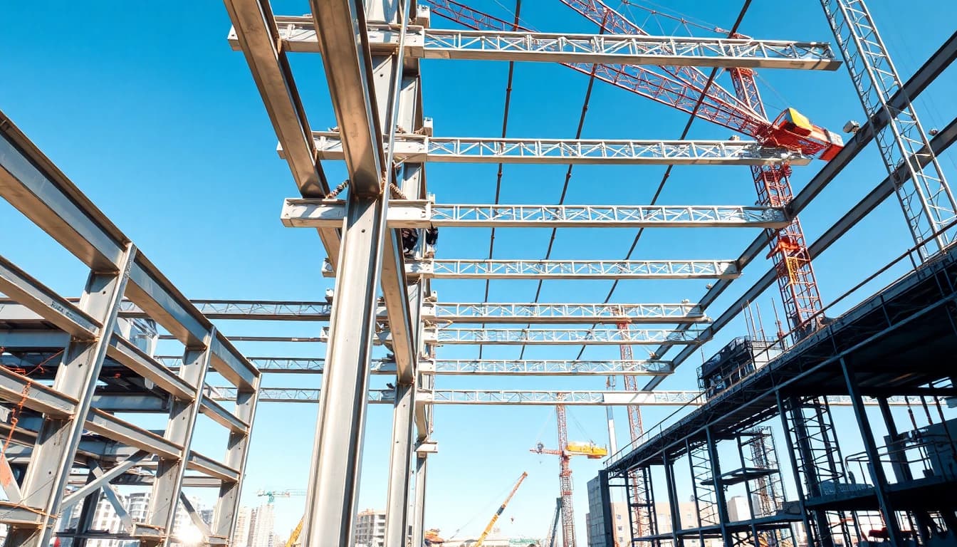 Structural steel construction process featuring workers and structural frames during an active build.