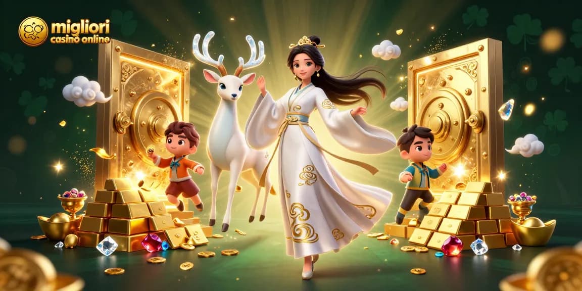 Scopri la magia dei migliori casinò online con un'illustrazione 3D eterea di un casinò pieno di tesori e personaggi vivaci.