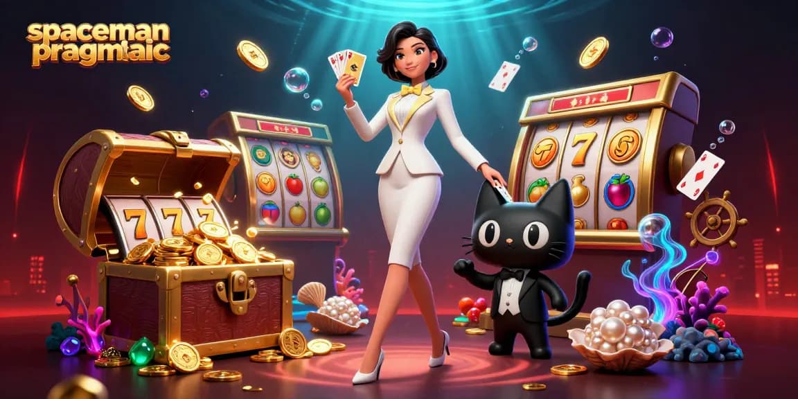 Engage in the thrilling Spaceman Pragmatic slot experience as glamorous characters shuffle cards among dazzling casino elements.