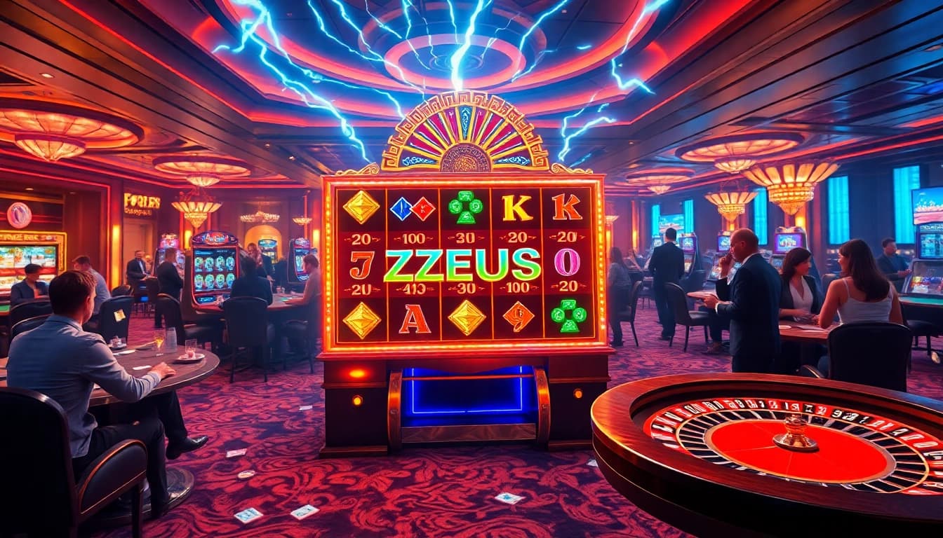 Engage in the Zeus slot experience with dynamic spinning reels and vibrant casino elements.
