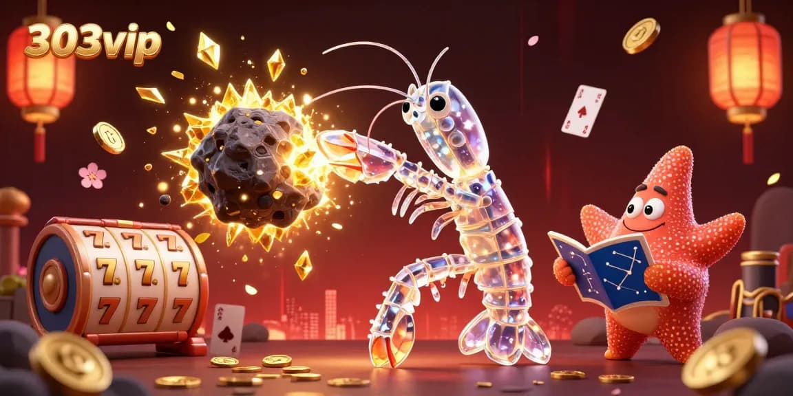 Engage with 303vip's thrilling action scene featuring a galactic mantis shrimp and slot machine elements amidst golden coins and festive decorations.