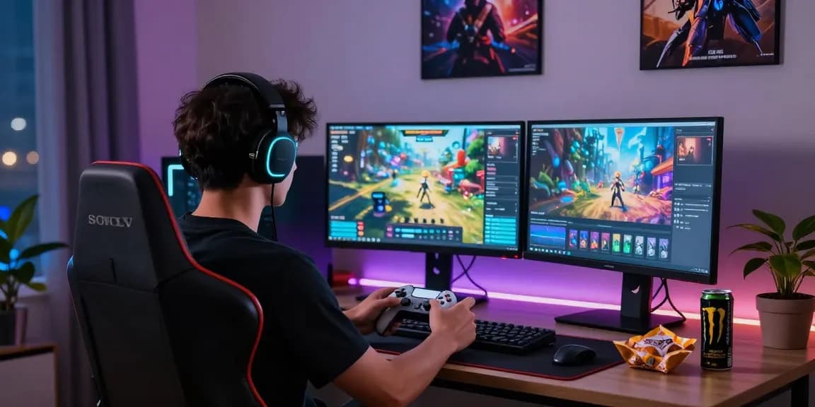 Penggemar permainan dengan LUXURY111 Link Alternatif di ruang gaming modern pada malam hari.