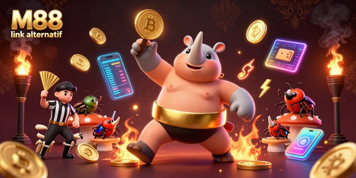 M88 link alternatif showcases a thrilling sumo victory with animated characters amidst flying coins and neon crypto elements.