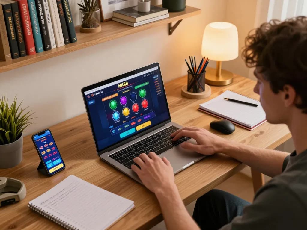 Engaging gameplay on NK88 Casino laptop interface in cozy modern setup