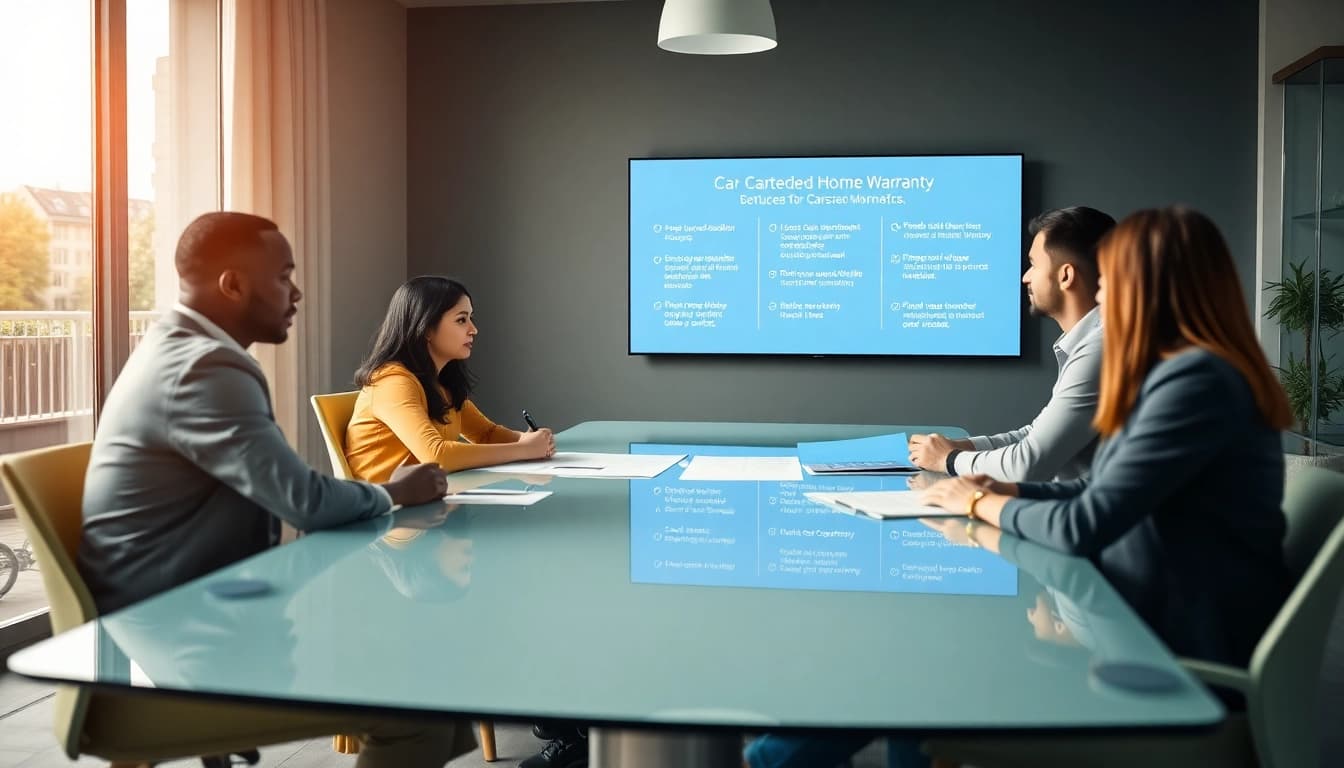 Clients assessing their extended warranty for cars and homes options with a professional team in a modern office.