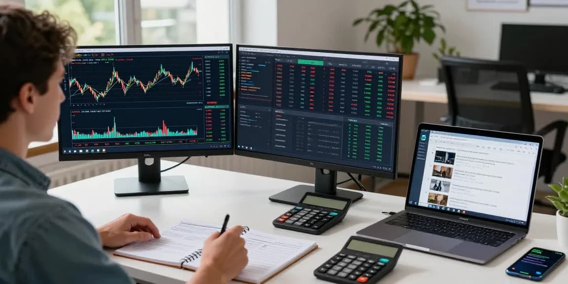 Trader using MetaTrader 5 on dual monitors for forex and stock analysis in a modern office.