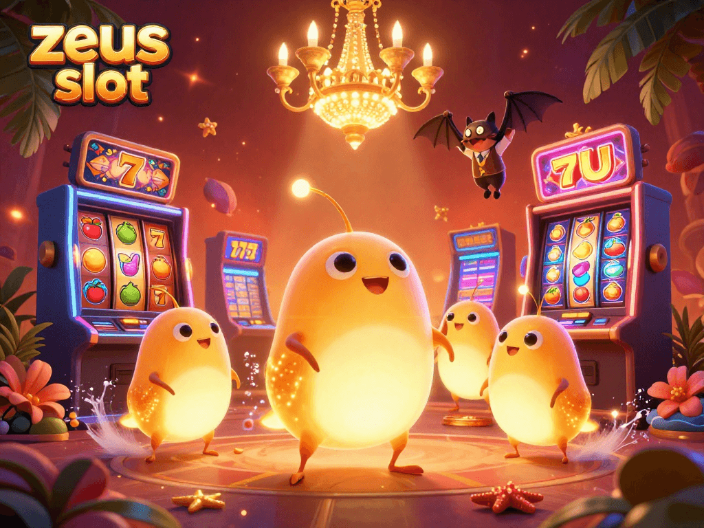 Engage with zeus slot featuring glowing worms in a lively casino, illuminating the excitement of jackpot gameplay.