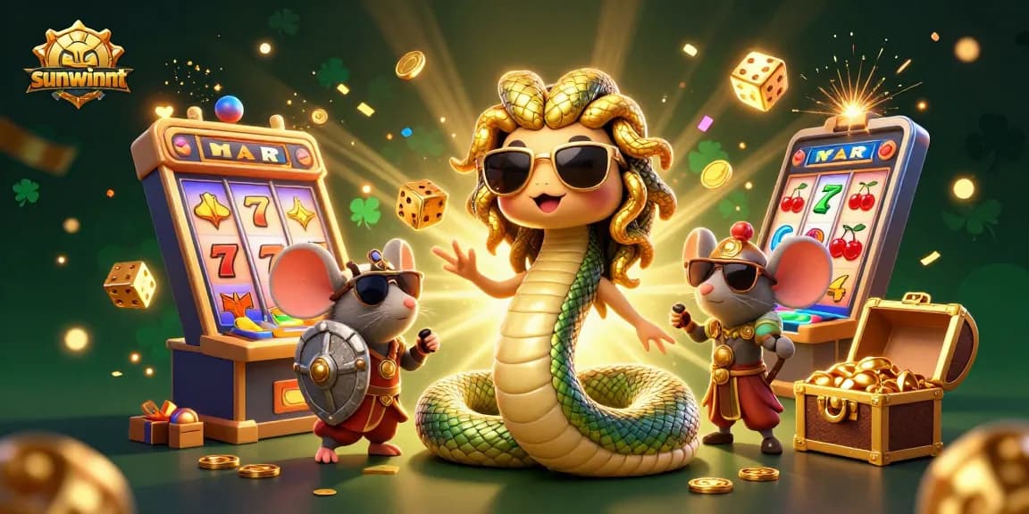 Spin the reels for big wins at sunwinnt with Medusa and a warrior mouse in a lively casino scene!