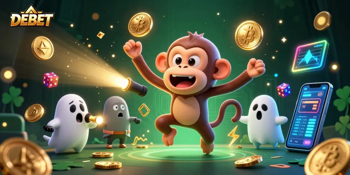Experience thrilling DEBET adventures with a mischievous poltergeist monkey juggling coins in an enchanting casino scene.