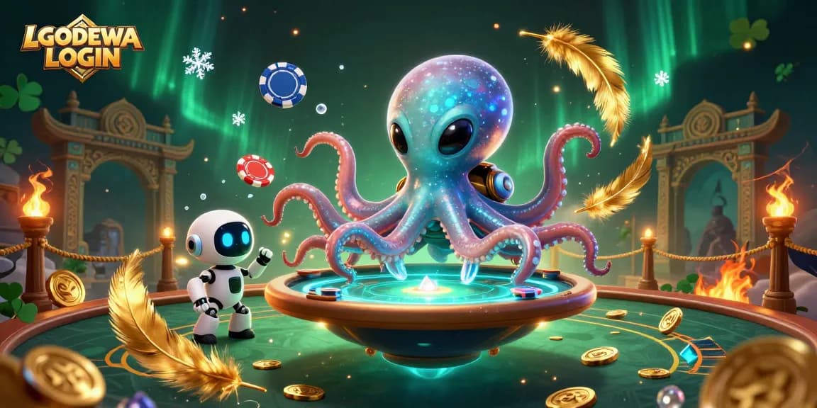 Engage with LGODEWA LOGIN for immersive gaming featuring a 3D alien octopus at a poker table.