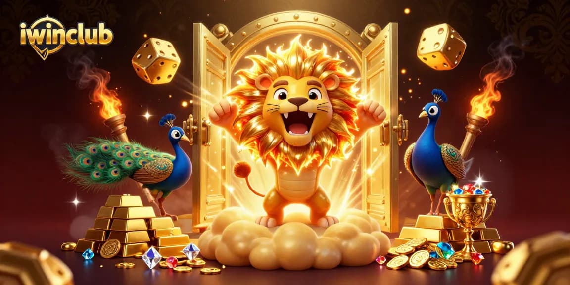 Experience exciting games at iwinclub with vibrant 3D illustrations of golden treasures and roaring characters.