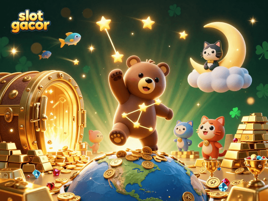 Menggali peluang dalam slot gacor dengan karakter beruang bintang dan elemen kasino gemerlap.