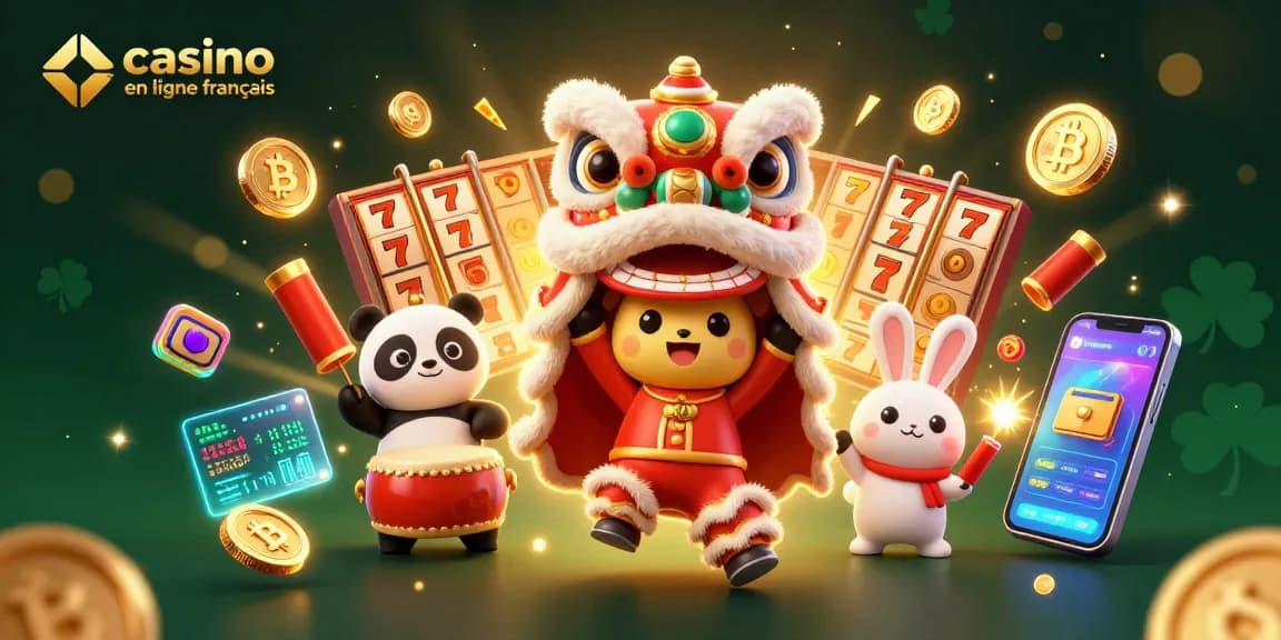 Participez au casino en ligne français à travers une scène vibrante de célébration mettant en avant des personnages et des jeux.